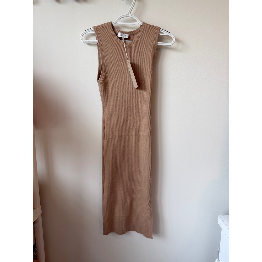 ACOA Tan Ribbed Knit Sleeveless Midi Dress Crew Neck Side Slit Bodycon Camel L
